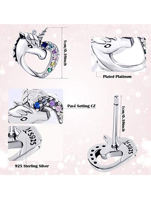 2 Pairs Tiny Stud Earrings for Girls Hypoallergenic S925 Sterling Silver Stud Earrings for Kids Unicorn Love Heart Rainbow Tiny CZ Earrings Set Valentine's Day Jewelry Gi