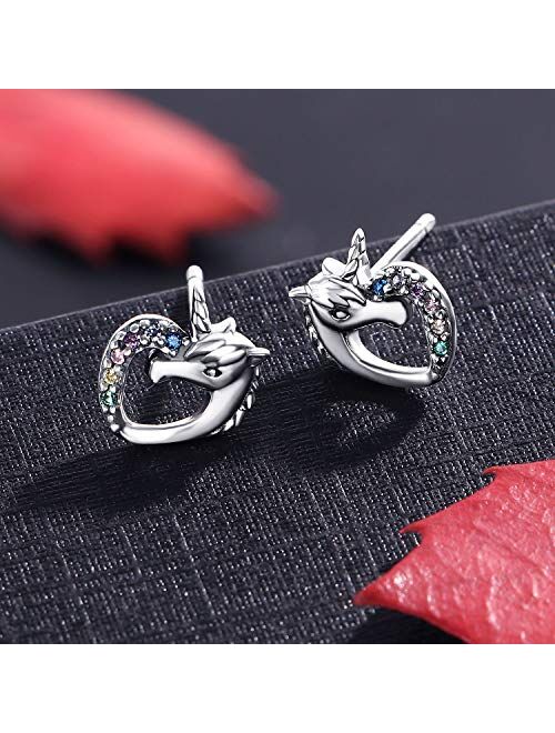 2 Pairs Tiny Stud Earrings for Girls Hypoallergenic S925 Sterling Silver Stud Earrings for Kids Unicorn Love Heart Rainbow Tiny CZ Earrings Set Valentine's Day Jewelry Gi