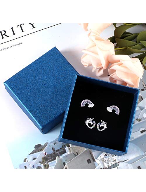 2 Pairs Tiny Stud Earrings for Girls Hypoallergenic S925 Sterling Silver Stud Earrings for Kids Unicorn Love Heart Rainbow Tiny CZ Earrings Set Valentine's Day Jewelry Gi