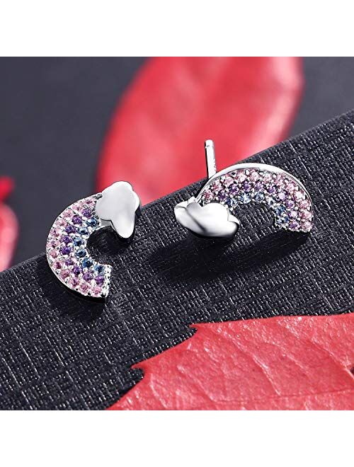 2 Pairs Tiny Stud Earrings for Girls Hypoallergenic S925 Sterling Silver Stud Earrings for Kids Unicorn Love Heart Rainbow Tiny CZ Earrings Set Valentine's Day Jewelry Gi