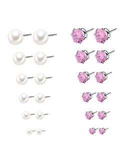 SUNSCSC Women's Stainless Steel Round Clear Cubic Zirconia Pearl Stud Earrings for Girls Gift 12 Pairs