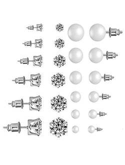 SUNSCSC Women's Stainless Steel Round Clear Cubic Zirconia Pearl Stud Earrings for Girls Gift 12 Pairs