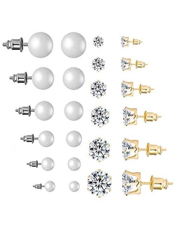 SUNSCSC Women's Stainless Steel Round Clear Cubic Zirconia Pearl Stud Earrings for Girls Gift 12 Pairs