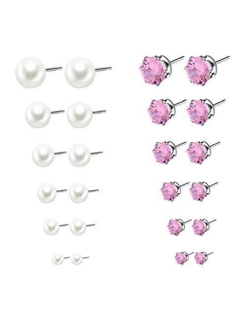 SUNSCSC Women's Stainless Steel Round Clear Cubic Zirconia Pearl Stud Earrings for Girls Gift 12 Pairs