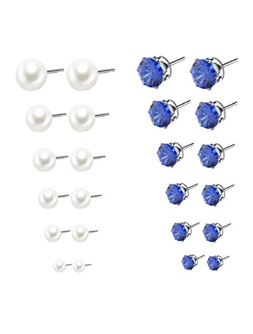 SUNSCSC Women's Stainless Steel Round Clear Cubic Zirconia Pearl Stud Earrings for Girls Gift 12 Pairs