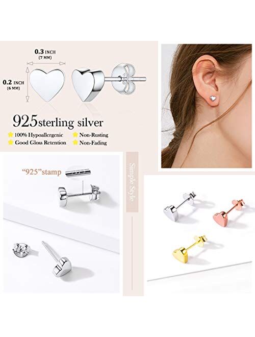 ChicSilver Hypoallergenic 925 Sterling Silver Stud Earrings for Women Girls, Dainty Simple Heart/Star/Moon/Bar/Circle Earrings (with Gift Box)