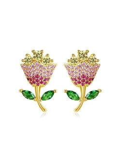 14K Gold Plated Flower Small CZ Diamond Earrings For Women Girls Multicolor Cubic Zirconia Halo Stud Dainty Crystal Chic Huggie Hoops Hypoallergenic Gifts for Best Friend