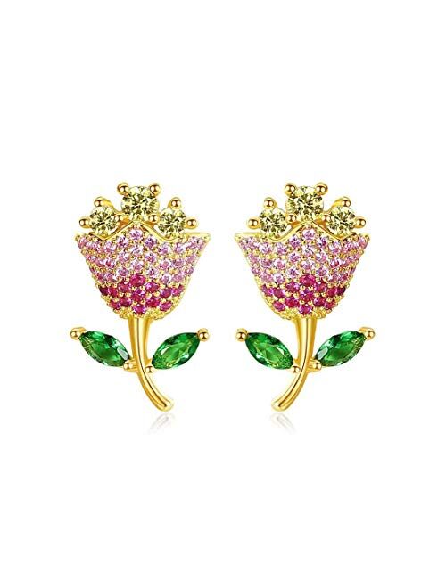 14K Gold Plated Flower Small CZ Diamond Earrings For Women Girls Multicolor Cubic Zirconia Halo Stud Dainty Crystal Chic Huggie Hoops Hypoallergenic Gifts for Best Friend