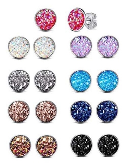 ATIMIGO Stainless Steel Druzy Stud Earrings Set for Girls Women Hypoallergenic Pierced Earrings