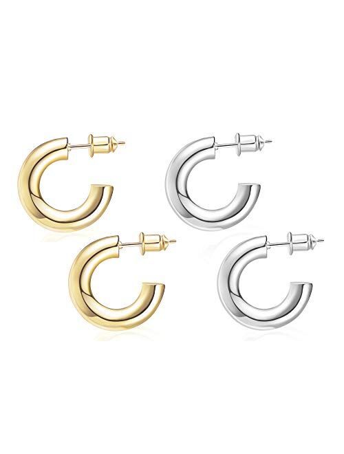 Wowshow Chunky Gold Hoop Earrings, Small Gold Hoop Earrings for Women 14K Real Gold Plated Thick Open Hoops Lightweight