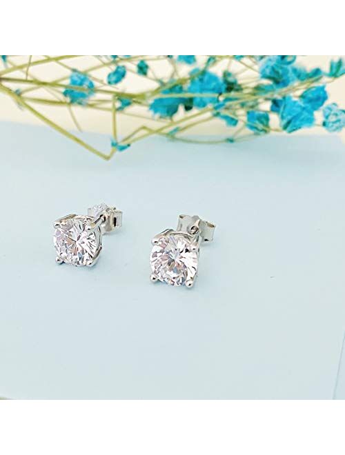 925 Sterling Silver Stud Earrings , Round Clear Cubic Zirconia Silver Stud Earrings for Women Girls Men Gift