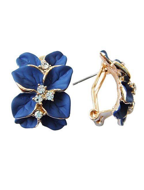 Navachi 18k Gold Plated White Crystal colorful Enamel Leaves Flower Omega Back Earrings