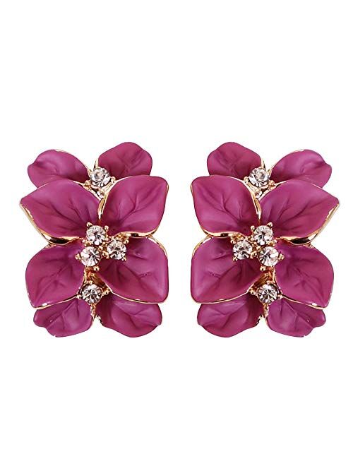 Navachi 18k Gold Plated White Crystal colorful Enamel Leaves Flower Omega Back Earrings