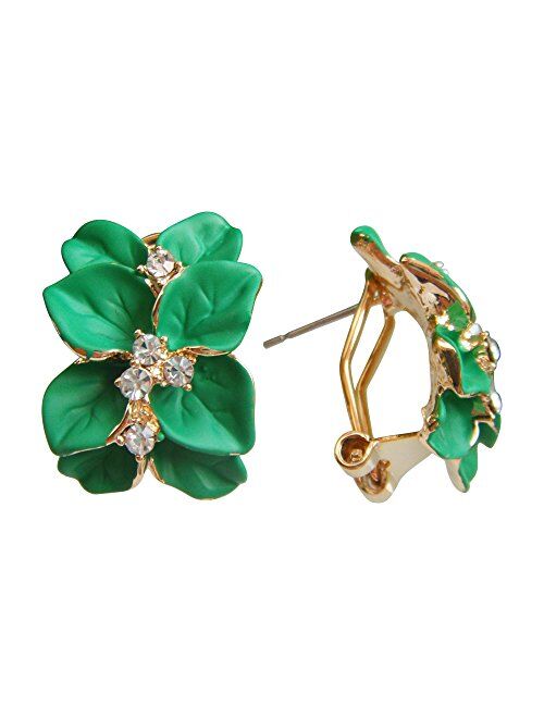 Navachi 18k Gold Plated White Crystal colorful Enamel Leaves Flower Omega Back Earrings