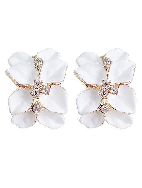 Navachi 18k Gold Plated White Crystal colorful Enamel Leaves Flower Omega Back Earrings