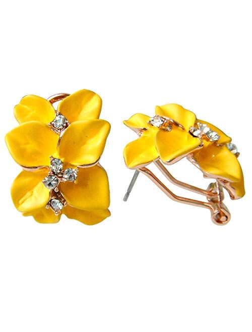 Navachi 18k Gold Plated White Crystal colorful Enamel Leaves Flower Omega Back Earrings