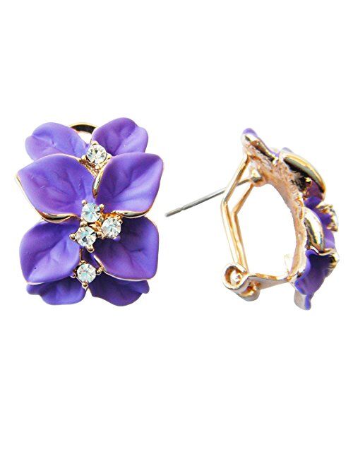 Navachi 18k Gold Plated White Crystal colorful Enamel Leaves Flower Omega Back Earrings