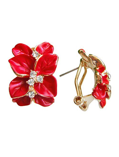 Navachi 18k Gold Plated White Crystal colorful Enamel Leaves Flower Omega Back Earrings