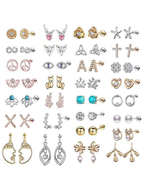 Aganippe 12/30 Pairs Assorted Stainless Steel Stud Earrings Set for Teens Girls Women Mini Hoop Earrings Animal Pearl Crystal Geometric Stud Cat Heart-shaped Gifts Cute E