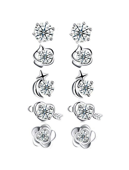 Sterling Silver Cubic Zirconia Stud Earrings Set Princess Cut Round Flower Heart Star CZ Small Silver Earrings, by DreamSter