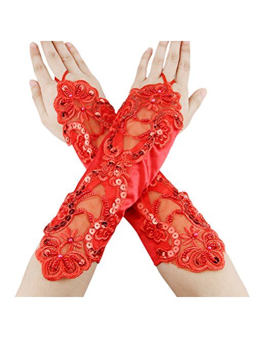 Flower Girls Gloves Pageant Satin Bowknot Wrist Long Lace Wedding Dress Gloves