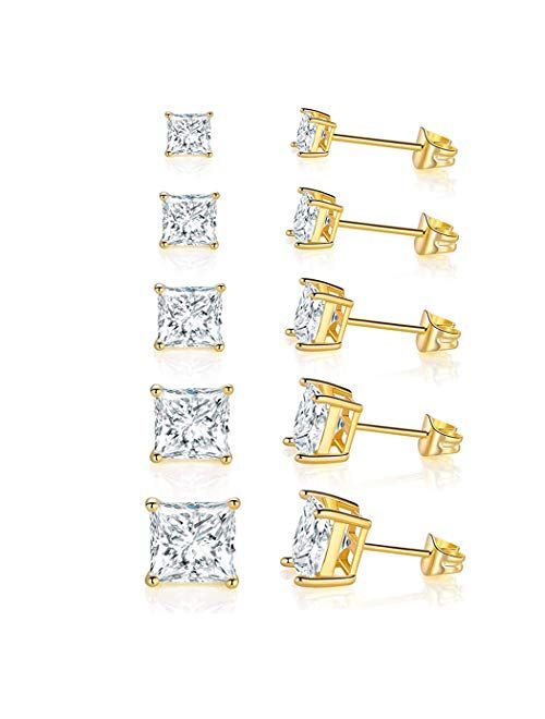 GEMSME 18K Yellow Gold Plated Princess Cut Clear Cubic Zirconia Stud Earrings Pack of 5