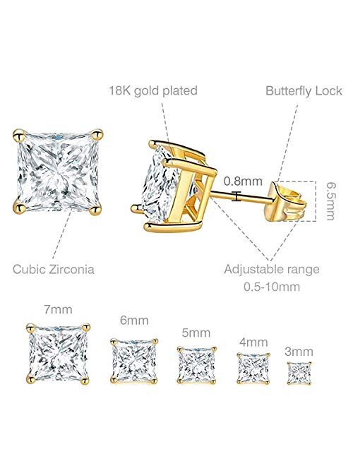 GEMSME 18K Yellow Gold Plated Princess Cut Clear Cubic Zirconia Stud Earrings Pack of 5