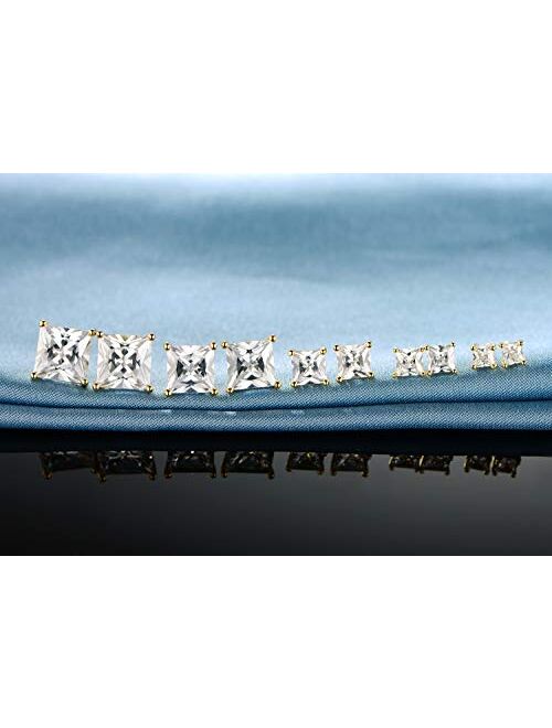 GEMSME 18K Yellow Gold Plated Princess Cut Clear Cubic Zirconia Stud Earrings Pack of 5