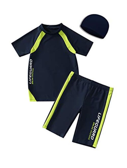 Kids Boys Swimsuits UPF50+UV Swimwear Set Two Piece Rash Guard with hat for 4-12 Years