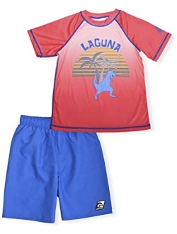 LAGUNA Boys UPF 50+ Swim Set with Short Sleeve Rashguard Sun Shirt and Print Boardshorts