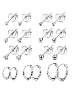 Jstyle 9Pairs Stainless Steel Tiny Cartilage Earrings Studs for Women CZ Balls Tragus Helix Endless Hoop Piercing Earring Set