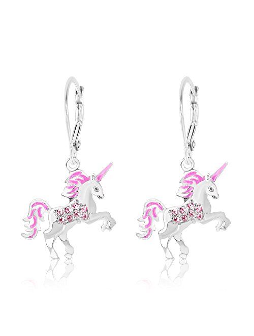 Kids Earrings - White Gold Enamel Unicorn Crystal Earrings with Silver Leverbacks Baby, Girls, Children