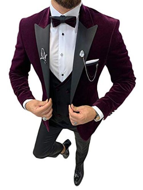 Men's Notch Lapel Velvet Wedding Suits 3 PC Regular Fit One Button Men Suits Prom Suits Groom Tuxedos