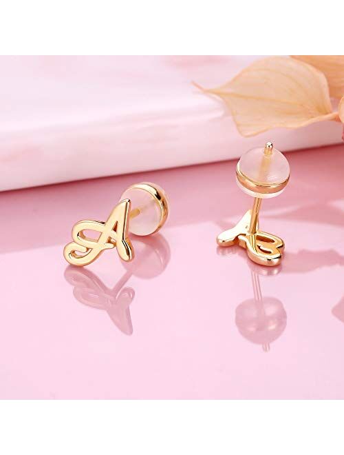 Initial Stud Earrings for Girls Women, S925 Sterling Silver Post 14K Gold Plated Initial Letter Stud Earrings for Toddler Kids Hypoallergenic Tiny Alphabet Initial Studs 