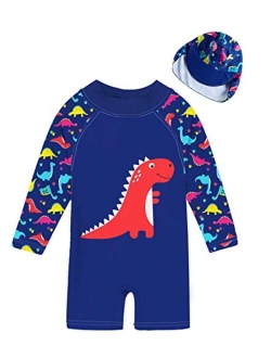 uideazone Little Boys Long Sleeve One Piece Swimsuit Rash Guard with Sun Hat UPF 50+ Sun Protection 3-24 Months