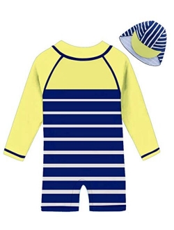 uideazone Little Boys Long Sleeve One Piece Swimsuit Rash Guard with Sun Hat UPF 50+ Sun Protection 3-24 Months