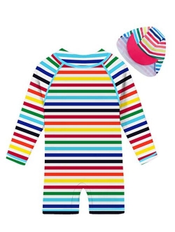 uideazone Little Boys Long Sleeve One Piece Swimsuit Rash Guard with Sun Hat UPF 50+ Sun Protection 3-24 Months