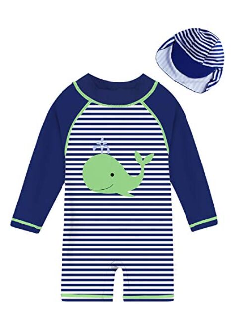 uideazone Little Boys Long Sleeve One Piece Swimsuit Rash Guard with Sun Hat UPF 50+ Sun Protection 3-24 Months