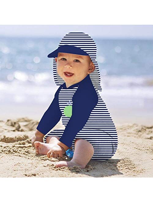 uideazone Little Boys Long Sleeve One Piece Swimsuit Rash Guard with Sun Hat UPF 50+ Sun Protection 3-24 Months