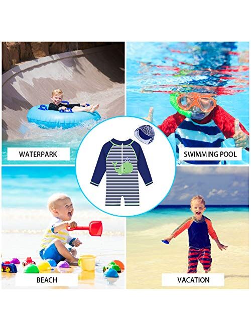 uideazone Little Boys Long Sleeve One Piece Swimsuit Rash Guard with Sun Hat UPF 50+ Sun Protection 3-24 Months