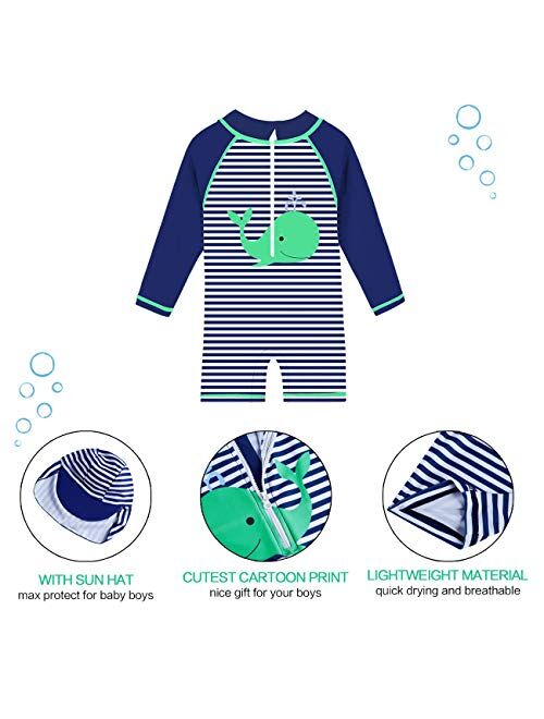 uideazone Little Boys Long Sleeve One Piece Swimsuit Rash Guard with Sun Hat UPF 50+ Sun Protection 3-24 Months