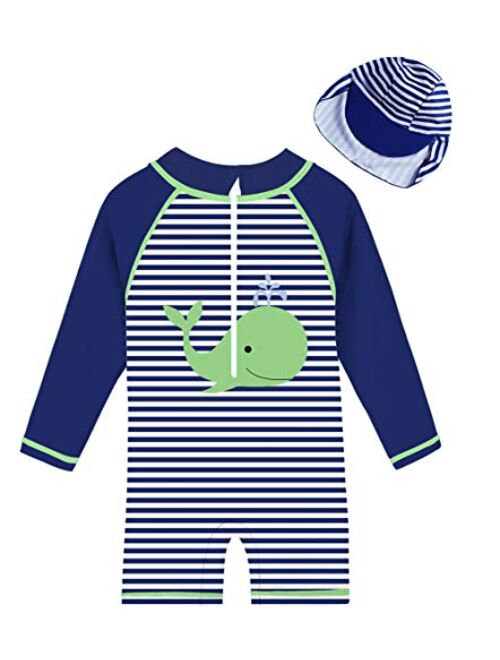 uideazone Little Boys Long Sleeve One Piece Swimsuit Rash Guard with Sun Hat UPF 50+ Sun Protection 3-24 Months