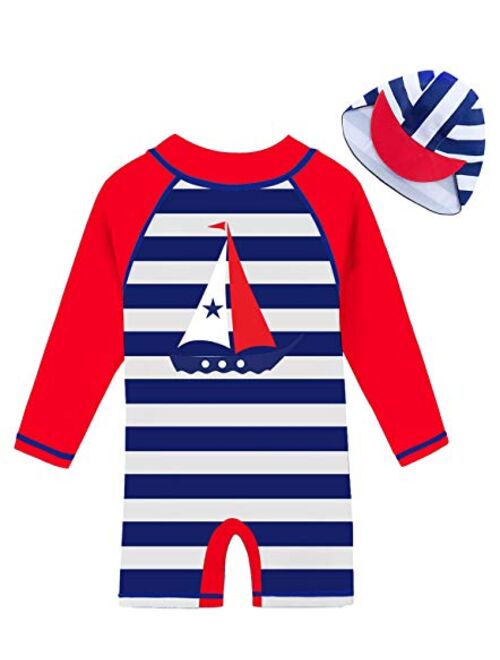 uideazone Little Boys Long Sleeve One Piece Swimsuit Rash Guard with Sun Hat UPF 50+ Sun Protection 3-24 Months