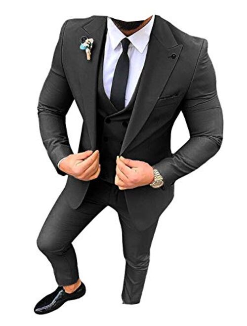 Ceehuteey Mens Prom Suit Premium Tailored Wedding Peak Lapel Tuxedo 3 Piece Double Breasted Vest