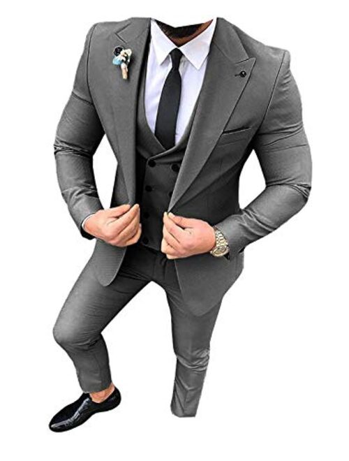 Ceehuteey Mens Prom Suit Premium Tailored Wedding Peak Lapel Tuxedo 3 Piece Double Breasted Vest