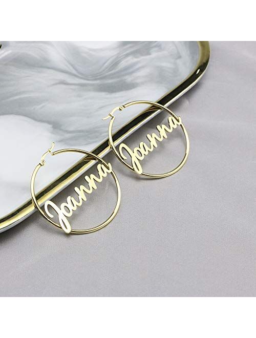 Personalized Name Hoop Earrings for Women Teen Girls 18K Real Gold Stainless Steel Eardrop Dangler Unique Birthday Jewelry Gifts for Her