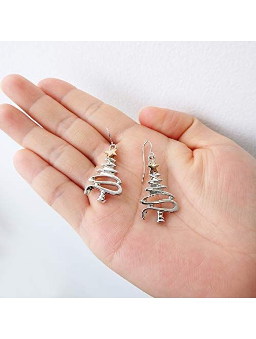 Cute Christmas Tree Piercing Dangle Earrings Golden Silver Two Tone Women Girls Holiday Gift