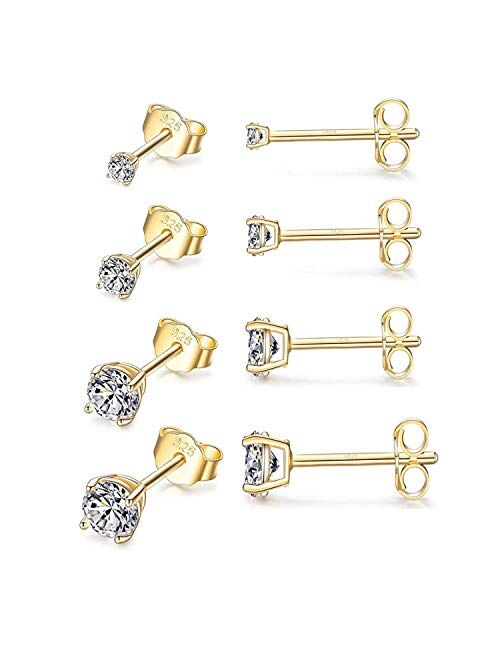 Sterling Silver Stud Earrings for Women Girls Men, 4 Pairs Hypoallergenic Cubic Zirconia CZ Studs Small Round Simulated Diamond Earrings Cartilage Tragus Helix Earrings S