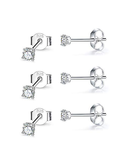 Sterling Silver Stud Earrings for Women Girls Men, 4 Pairs Hypoallergenic Cubic Zirconia CZ Studs Small Round Simulated Diamond Earrings Cartilage Tragus Helix Earrings S