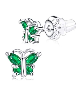 Buyless Fashion Girls Butterfly Birthstone Stud Earrings - Hypoallergenic Surgical Stainless Steel with Cubic Zirconia